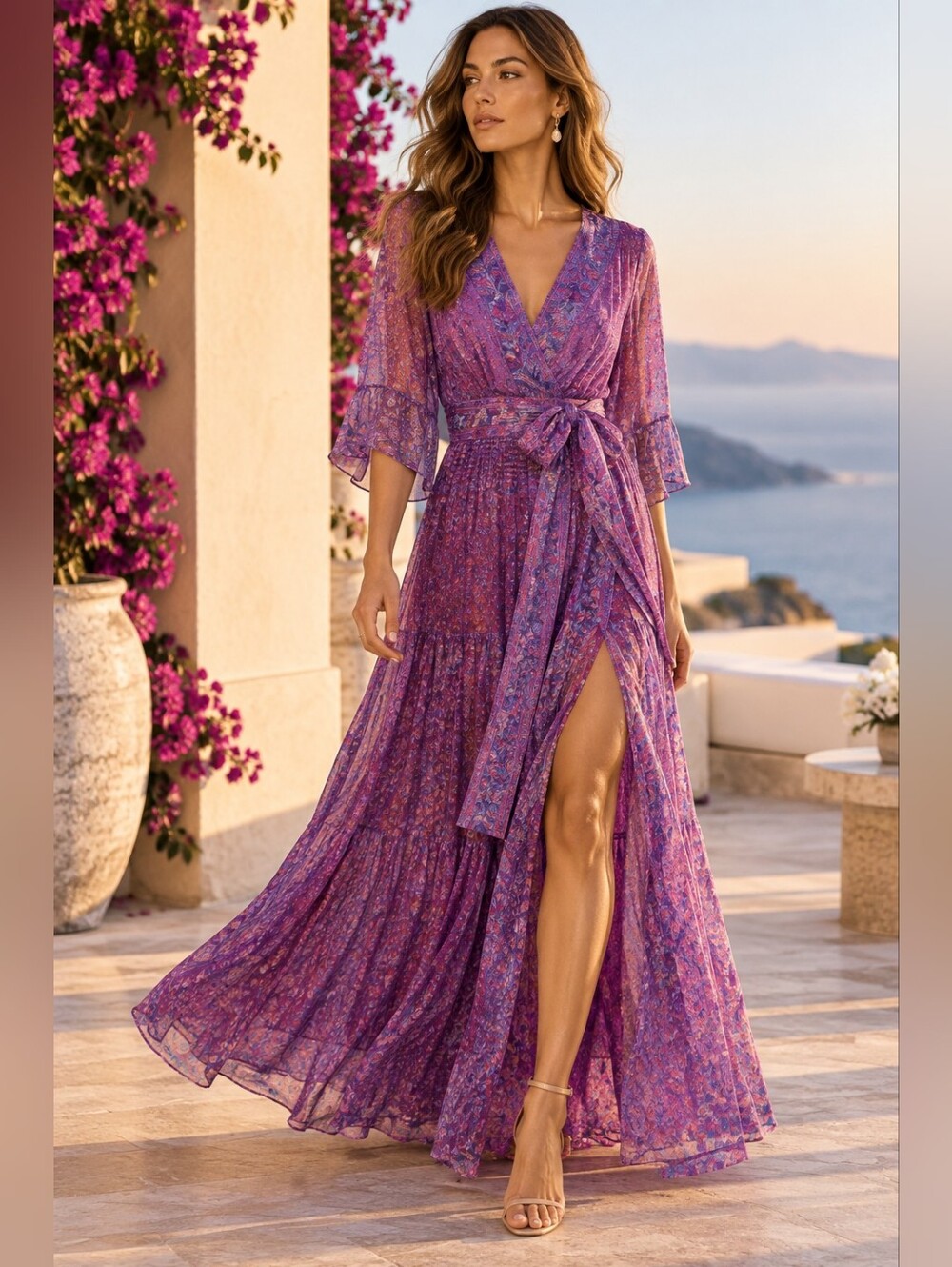 ba&sh Maya Purple Botanical Faux-Wrap Maxi Dress